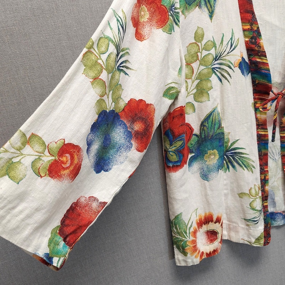 Chicos Linen Floral Kimono Style Top Women 3 Boho Resort Tie Front Beachy Artsy - Picture 4 of 14